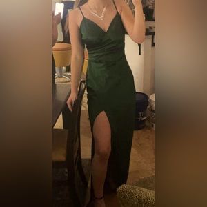 Dark green basic v neck silk dress with slit